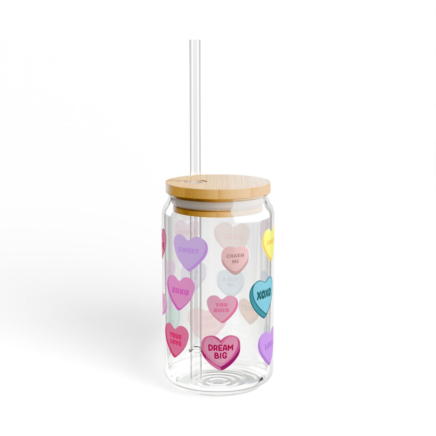 Whimsical Valentine's Day Candy Heart Sipper Glass - Cute Gift for Valentine, Sweetheart, Galentine - On-the-Go Tumbler