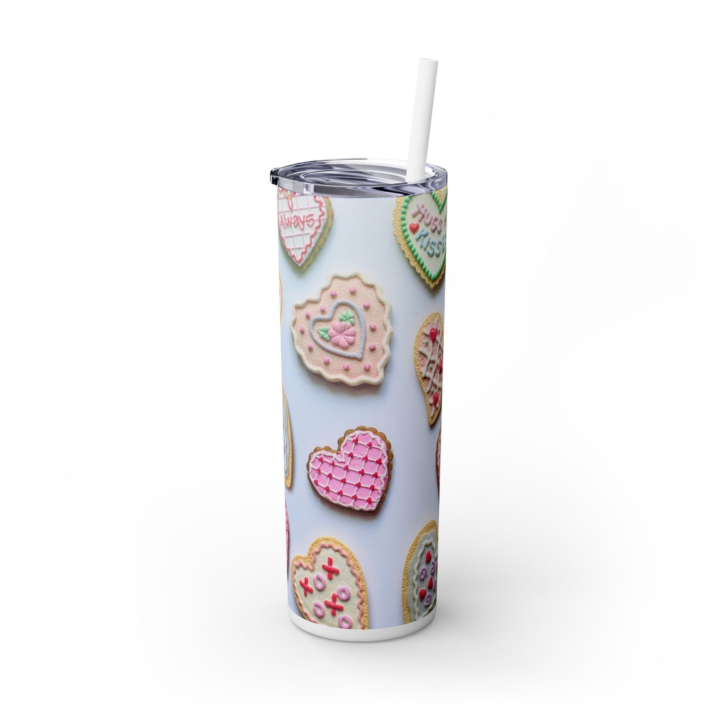Skinny Insulated Tumbler, Valentines Day Heart Cookie Tumbler with Straw, with Adorable Sweetheart Design, 20oz. Gift for Her,