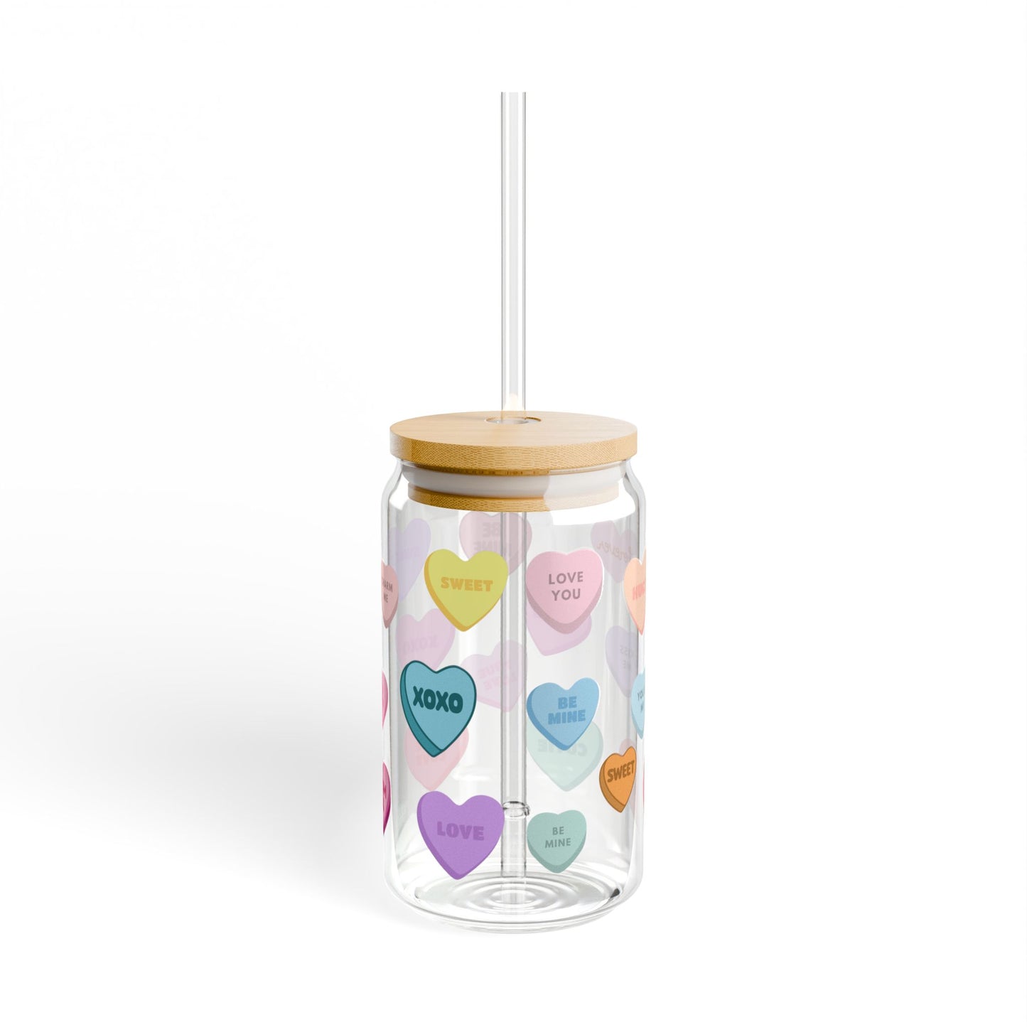 Whimsical Valentine's Day Candy Heart Sipper Glass - Cute Gift for Valentine, Sweetheart, Galentine - On-the-Go Tumbler
