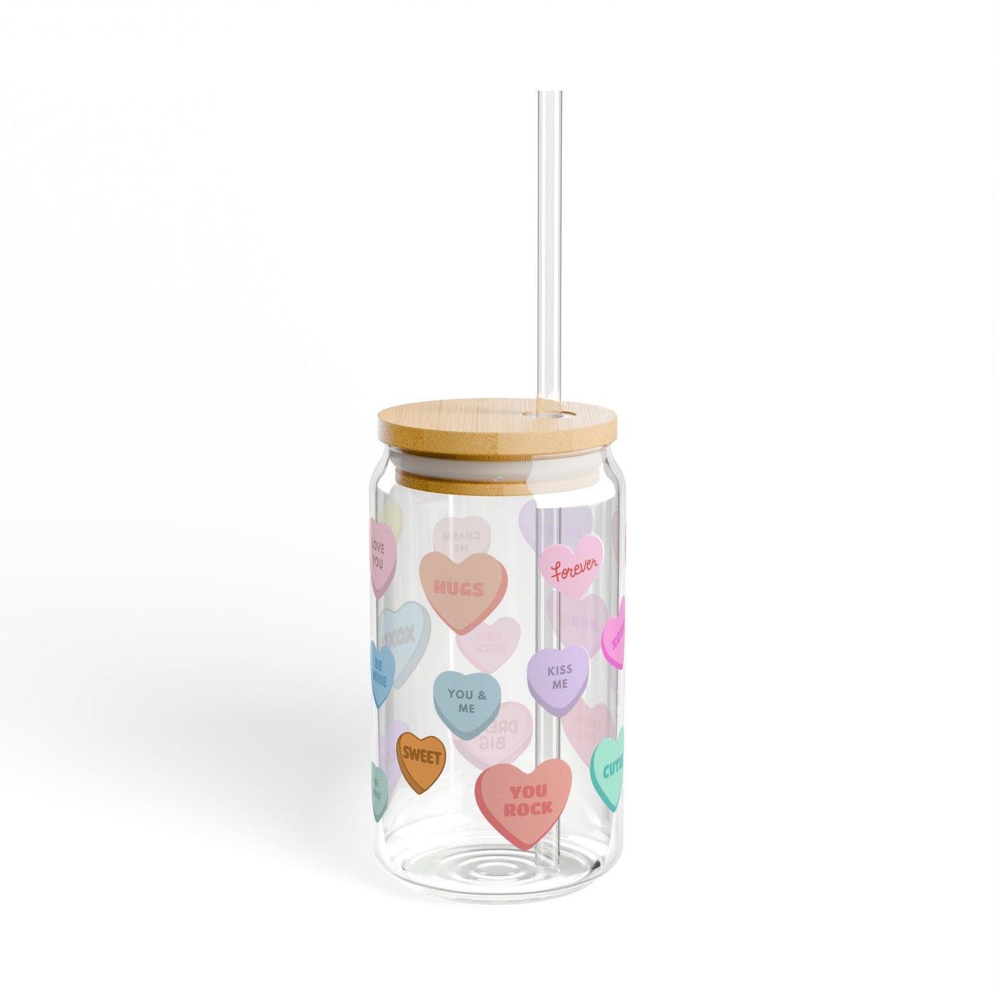 Whimsical Valentine's Day Candy Heart Sipper Glass - Cute Gift for Valentine, Sweetheart, Galentine - On-the-Go Tumbler