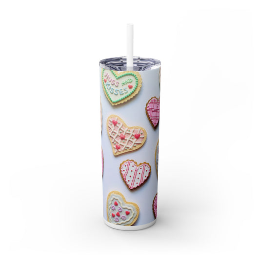 Skinny Insulated Tumbler, Valentines Day Heart Cookie Tumbler with Straw, with Adorable Sweetheart Design, 20oz. Gift for Her,
