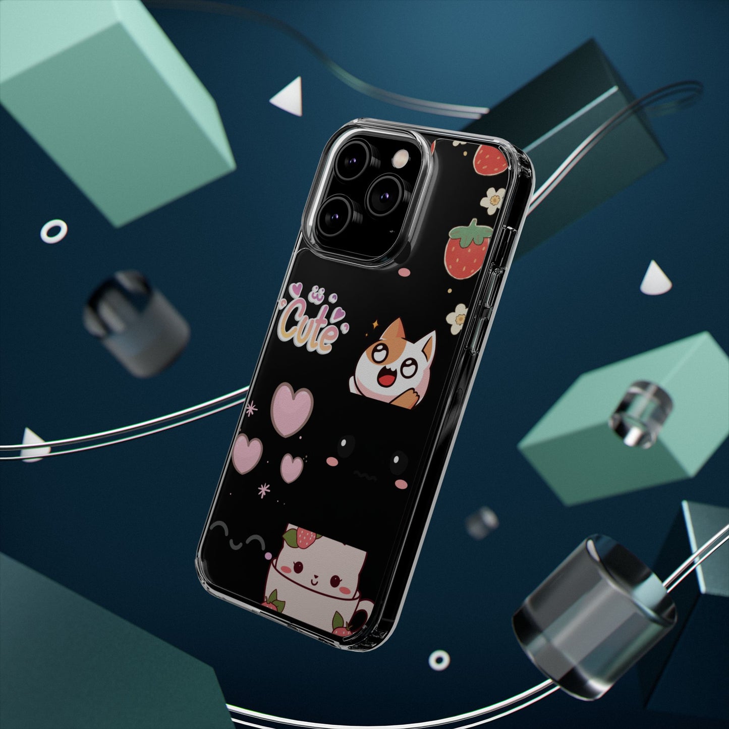 Phone Case, Kawaii Kitty Cute Clear Phone Cover, Fun Colorful Transparent Case, See thru iPhone Case, Charm Design, Gift for Cat Lovers,