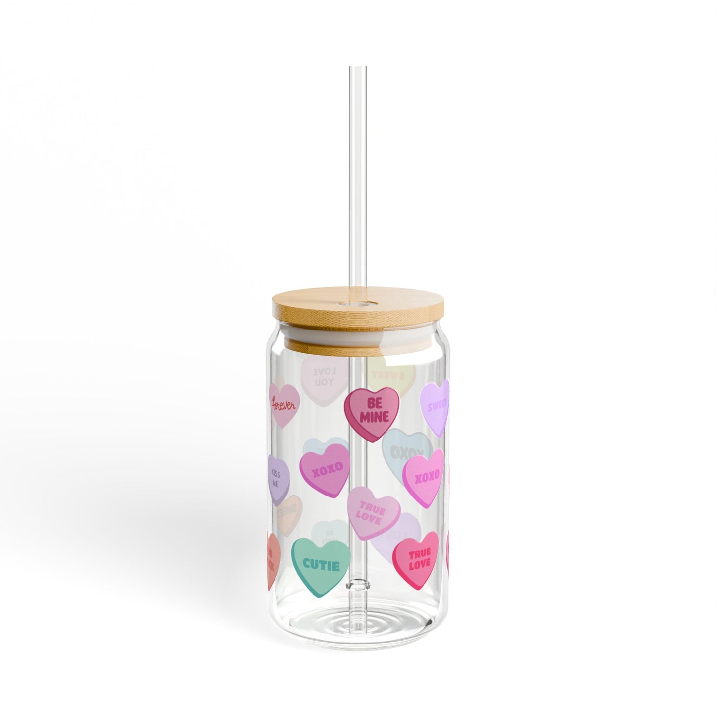 Whimsical Valentine's Day Candy Heart Sipper Glass - Cute Gift for Valentine, Sweetheart, Galentine - On-the-Go Tumbler