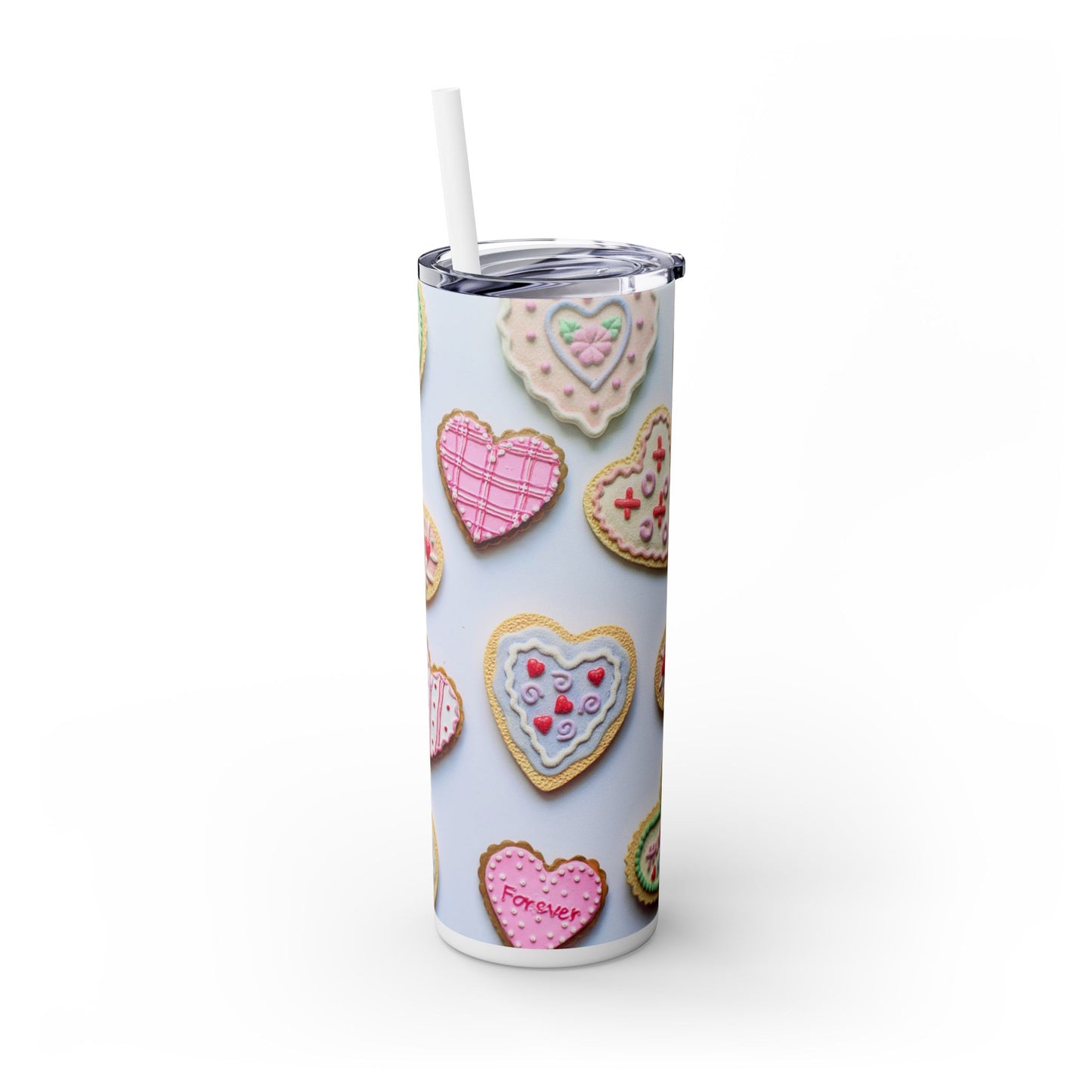 Skinny Insulated Tumbler, Valentines Day Heart Cookie Tumbler with Straw, with Adorable Sweetheart Design, 20oz. Gift for Her,