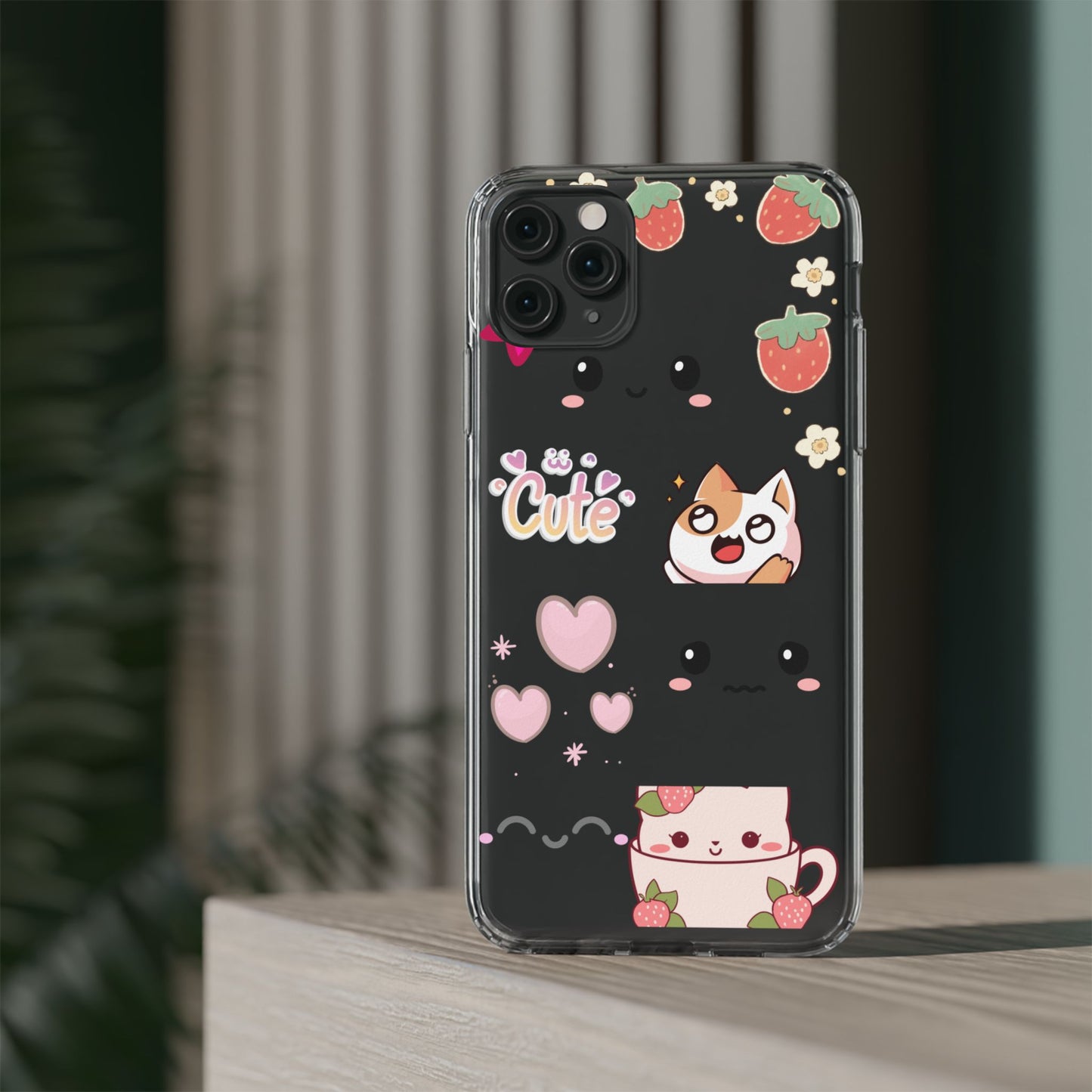 Phone Case, Kawaii Kitty Cute Clear Phone Cover, Fun Colorful Transparent Case, See thru iPhone Case, Charm Design, Gift for Cat Lovers,