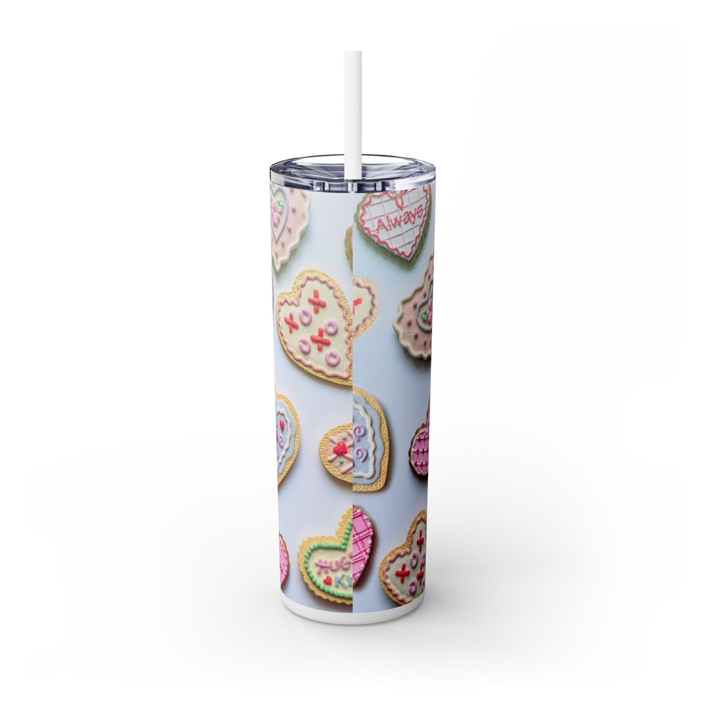 Skinny Insulated Tumbler, Valentines Day Heart Cookie Tumbler with Straw, with Adorable Sweetheart Design, 20oz. Gift for Her,