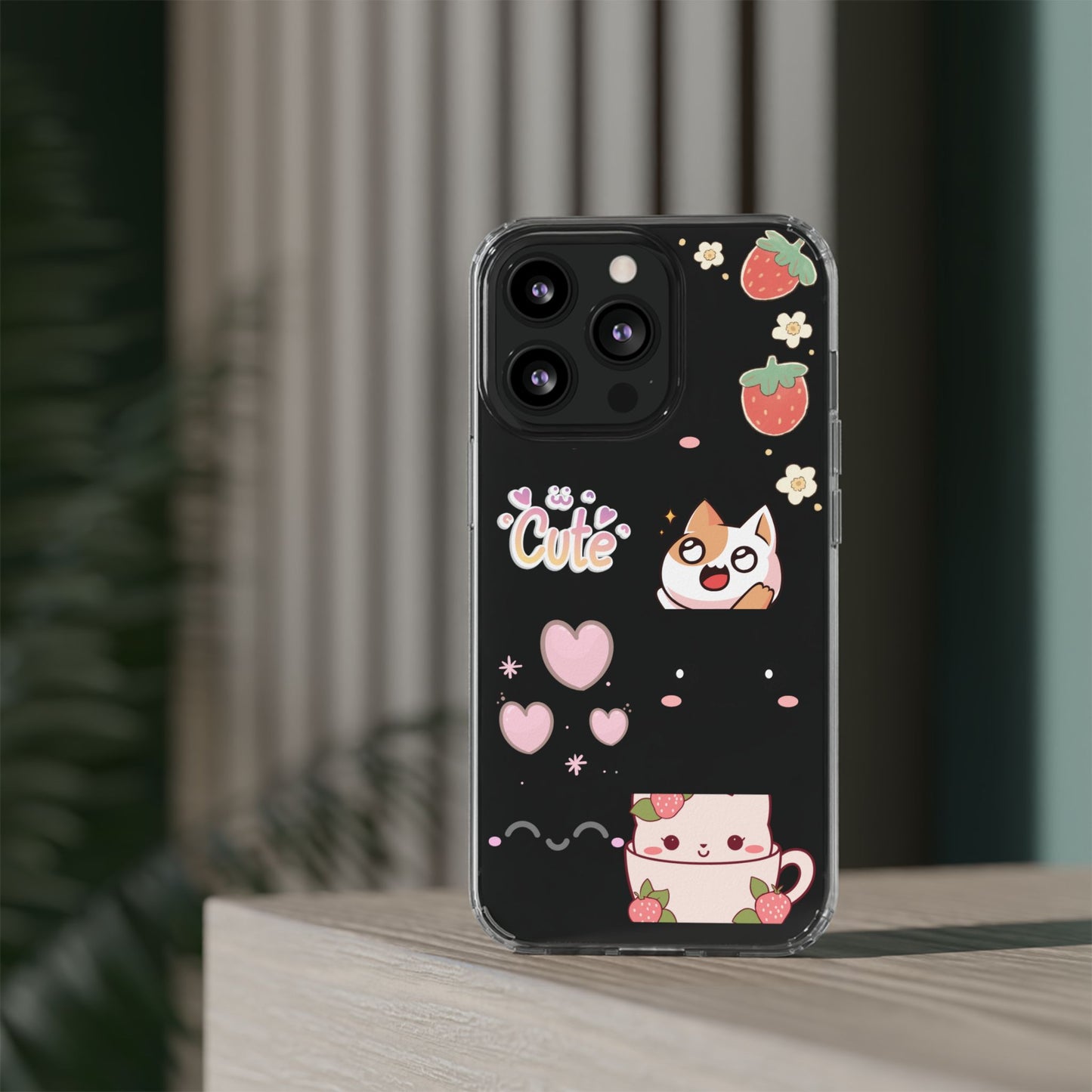Phone Case, Kawaii Kitty Cute Clear Phone Cover, Fun Colorful Transparent Case, See thru iPhone Case, Charm Design, Gift for Cat Lovers,