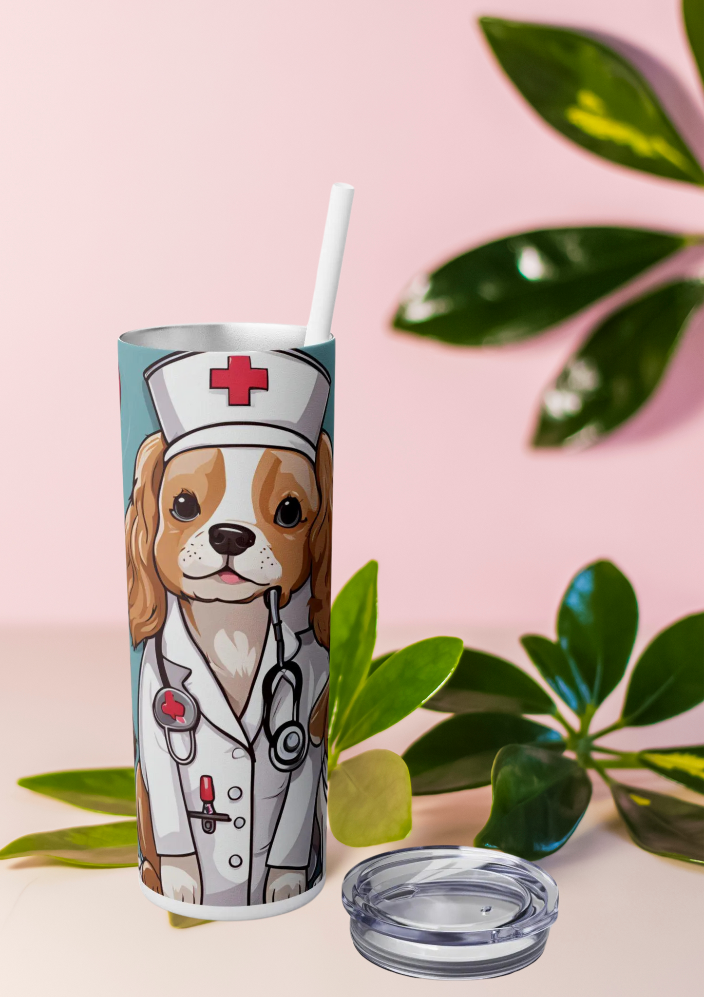Adorable Kawaii Nurse Dog Mom Skinny Tumbler, Cute Animal Lover Gift Cup, Insulated Travel Mug, Coffee Tumbler with Lid, BPA Free, 20oz