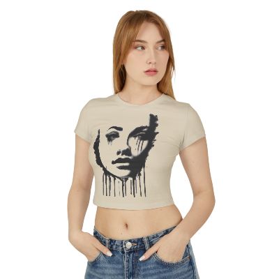 Minimalist Baby Tee, Line Art Face Shirt, Elegant Women's Tee, Black Graphic T-Shirt, Trendy Femme Shirt